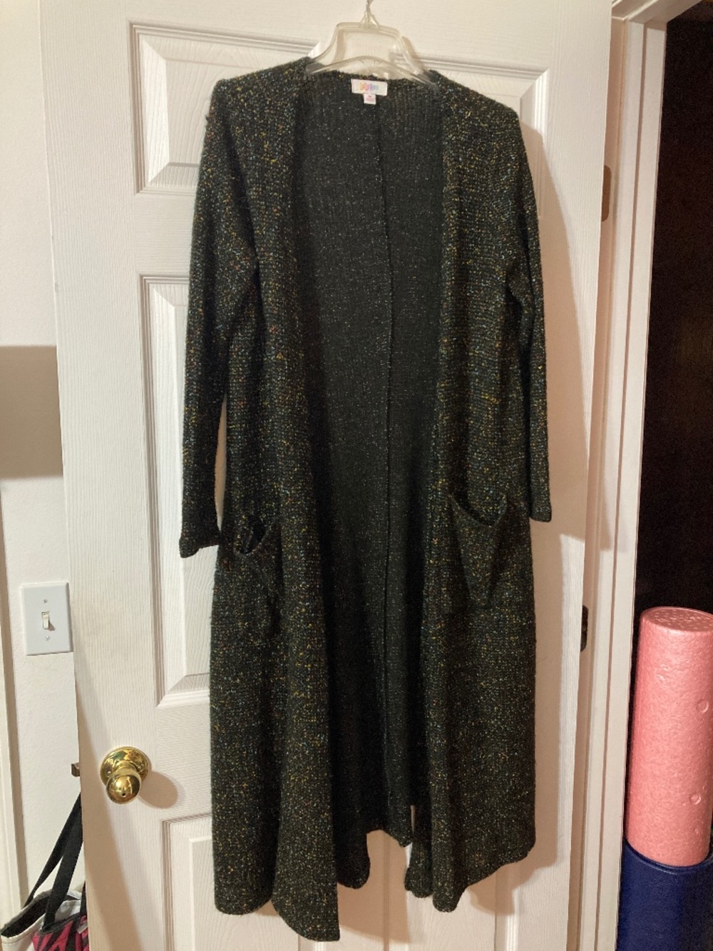 LuLaRoe Sarah Long Cardigan Duster Knit Black With Color Specks Size M